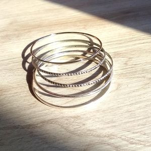 Set of 5 Silver Toned Narrow Metal Bracelets Bangles Plain Textured Lightweight